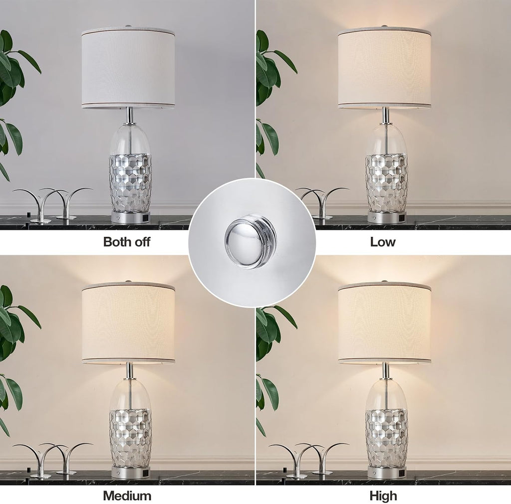 Modern Glass Table Lamps, 3-Way Dimmable Touch Control Bedroom Lamps for Nightstands，Bedside Lamps Set of 2 with USB A+C Ports,Living Room，Home，Office with Linen Shade (Bulbs Included)