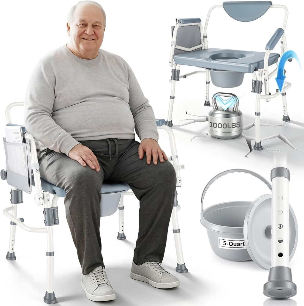 4-in-1 Bariatric Bedside Commode, 1000lbs Heavy-Duty Shower Chair, Drop Armrests, Robust Carbon Steel, 5 Adjustable Height Portable Toilet, Extra-Wide Seat, Raised Toilet Seat for Seniors