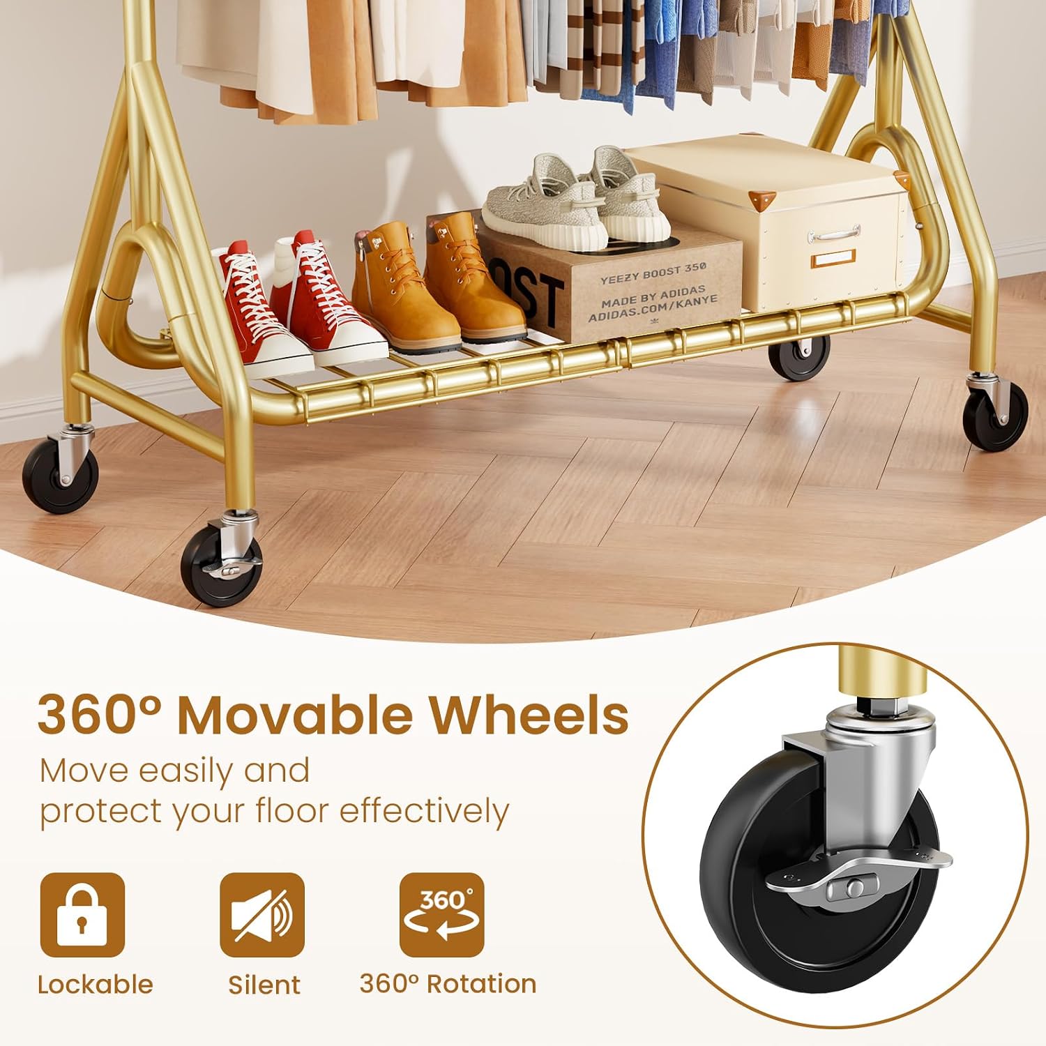 Double Rods Clothing Rack, Heavy Duty Clothes Rack for Hanging Clothes Load 560LBS, Metal Rolling Garment Racks with Wheels, Freestanding Clothes Hanging Racks, Gold