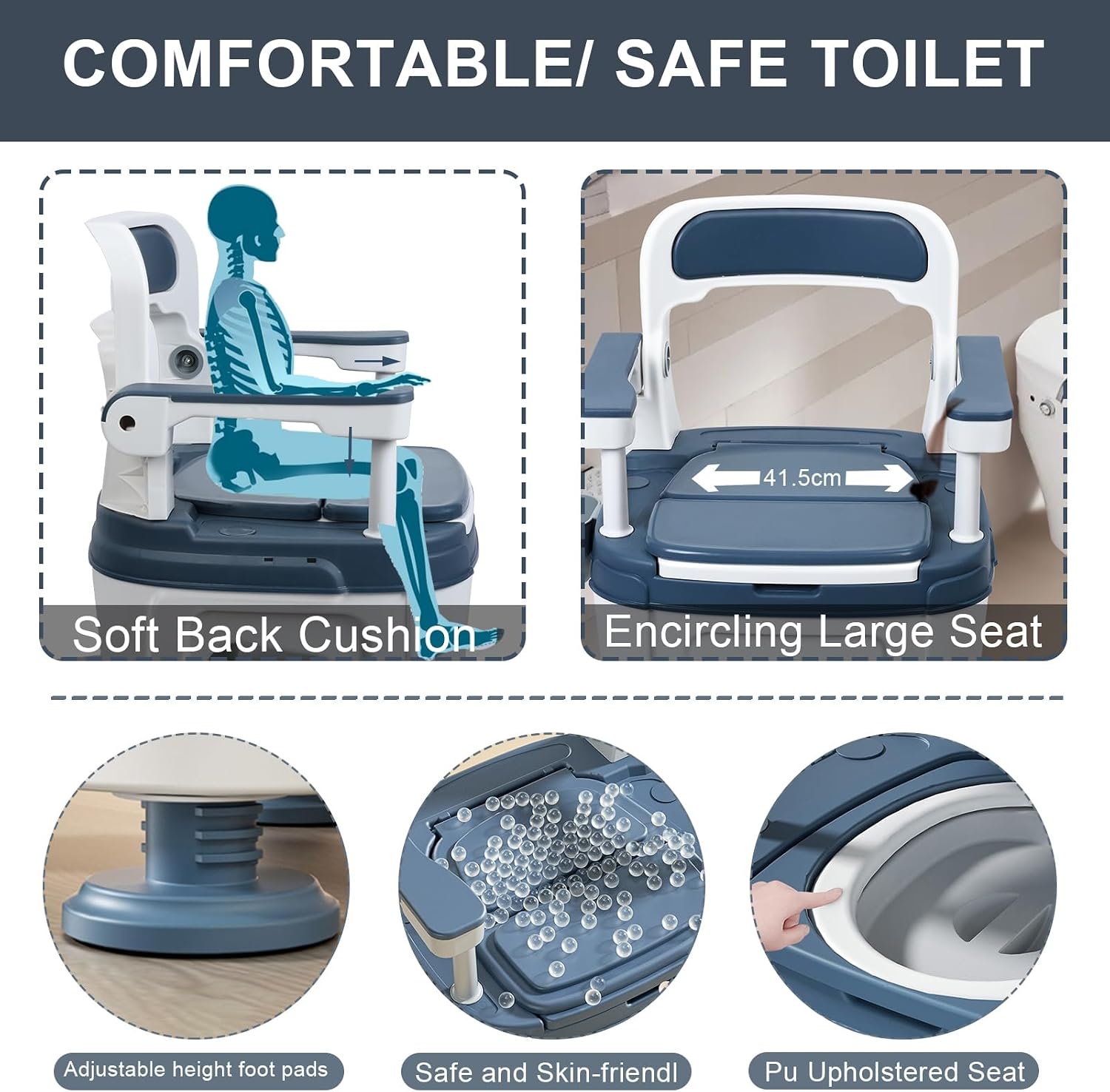 Toilet Seat Risers for Seniors, Raised Toilet Seat with Handles, Height Adjustable Mobile Load 882lb Blue