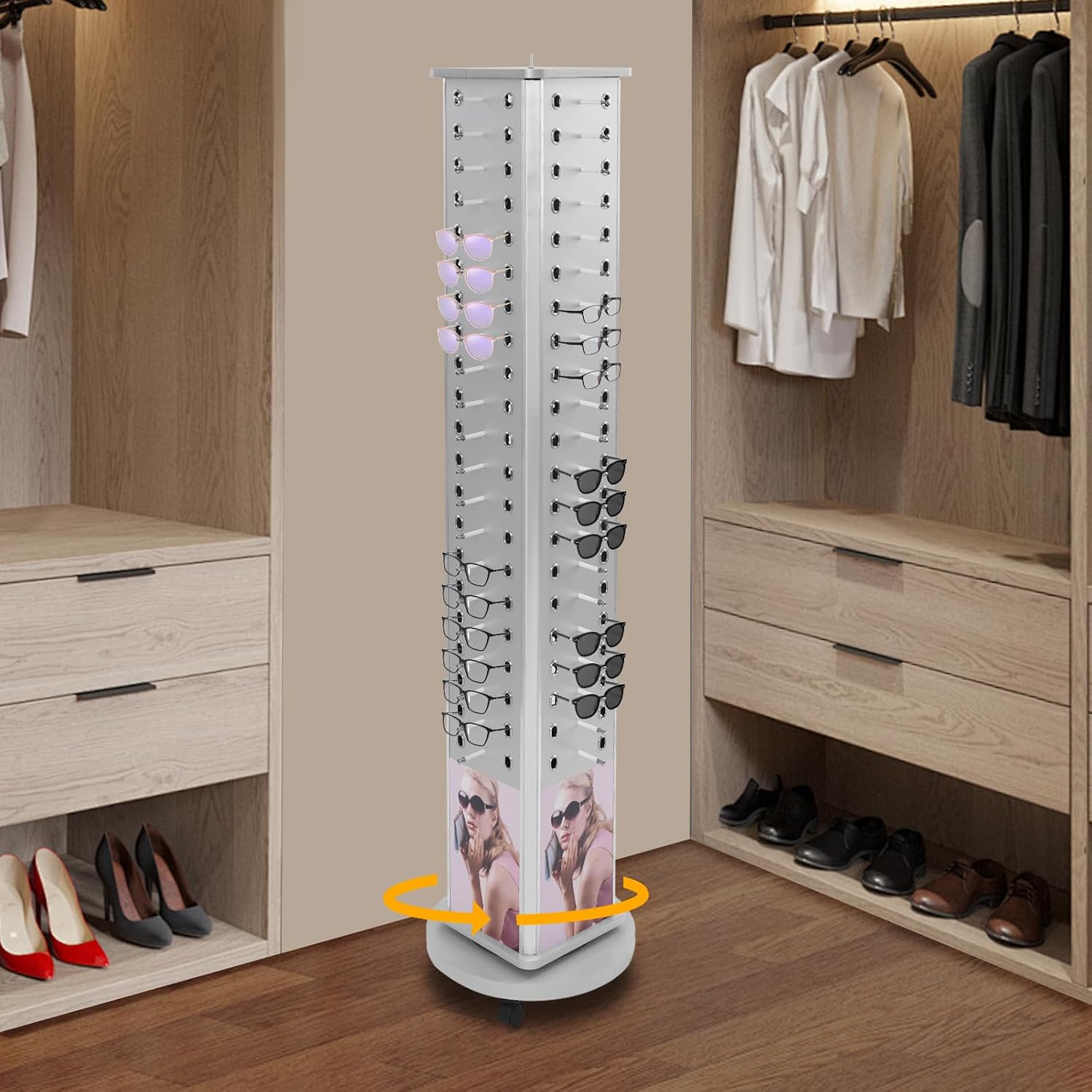 Rotating Sunglasses Display Stand, 84 Pair Glasses Display Rack, Sunglasses Holder Organizer, Eyeglass Turning Stand for Multiple Glasses, Reading Glasses with Storage Cabinet and Wheels for Glass Store