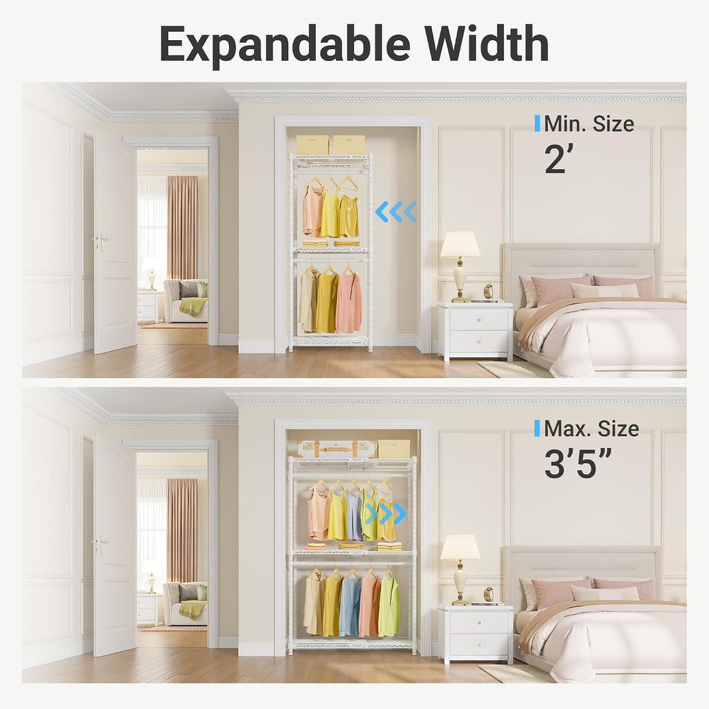 VIPEK X1 Expandable Clothing Rack Heavy Duty Adjustable from 2' to 3'5' with Flexible Shelves and Hanger Rods Metal Garment Portable Closet Rack for Hanging Clothes, White
