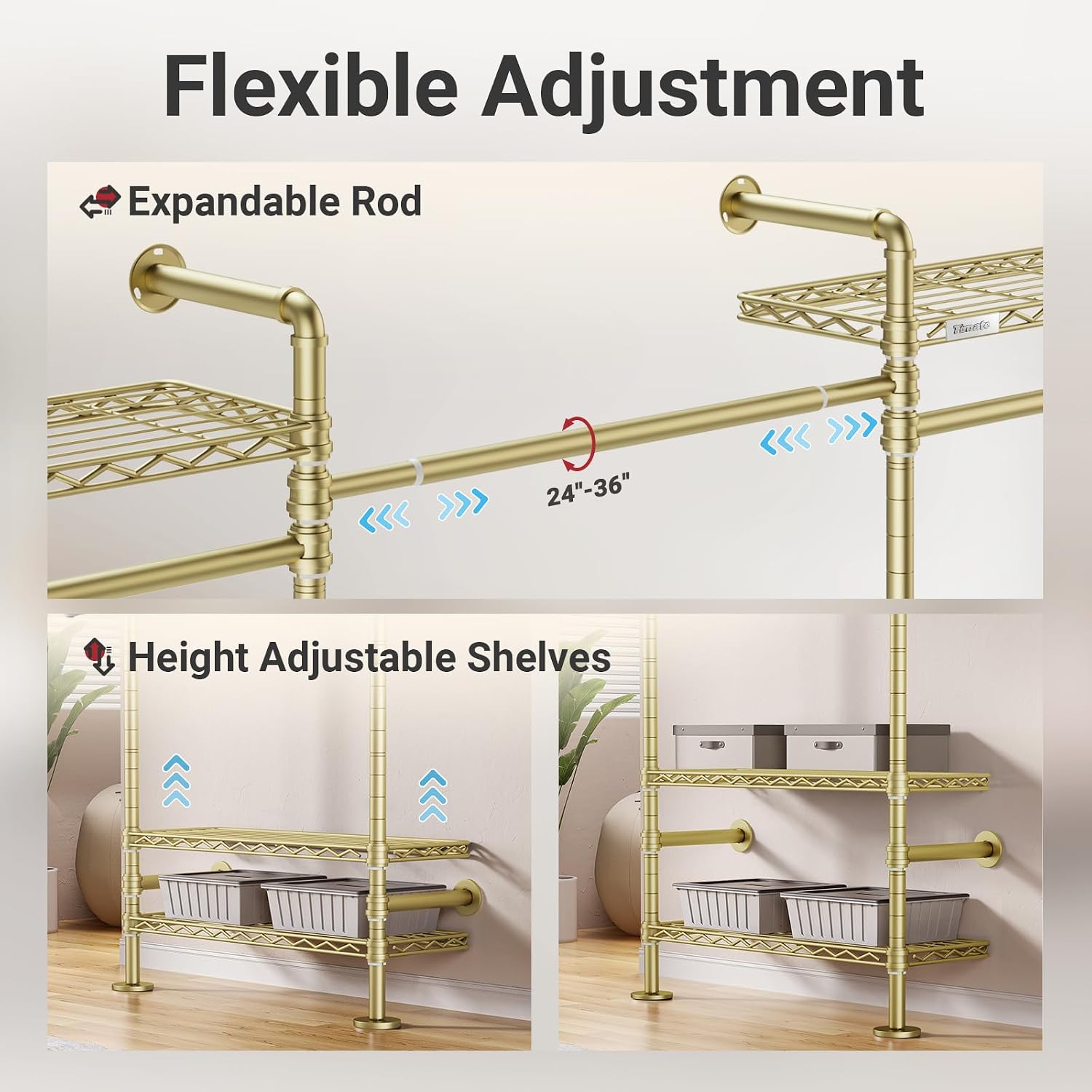 Timate F3 Garment Rack Heavy Duty Clothes Rack for Hanging Clothes, Expandable Industrial Pipe Wall Mounted Clothing Rack, Adjustable Storage Wardrobe Closets Kit Walk in Closet Systems, Gold