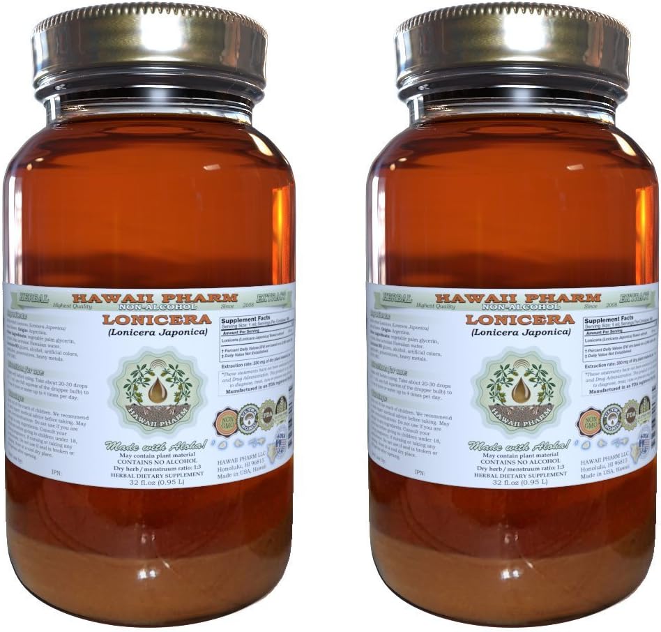 Lonicera Alcohol-Free Liquid Extract, Lonicera (Lonicera Japonica) Dried Flower Glycerite Hawaii Pharm Natural Herbal Supplement 2x32 oz Unfiltered