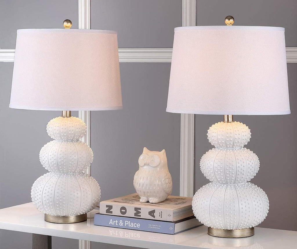 SAFAVIEH Lighting Collection Rita Modern Contemporary White Triple Gourd Studded 29-inch Bedroom Living Room Home Office Desk Nightstand Table Lamp Set of 2 (LED Bulbs Included)