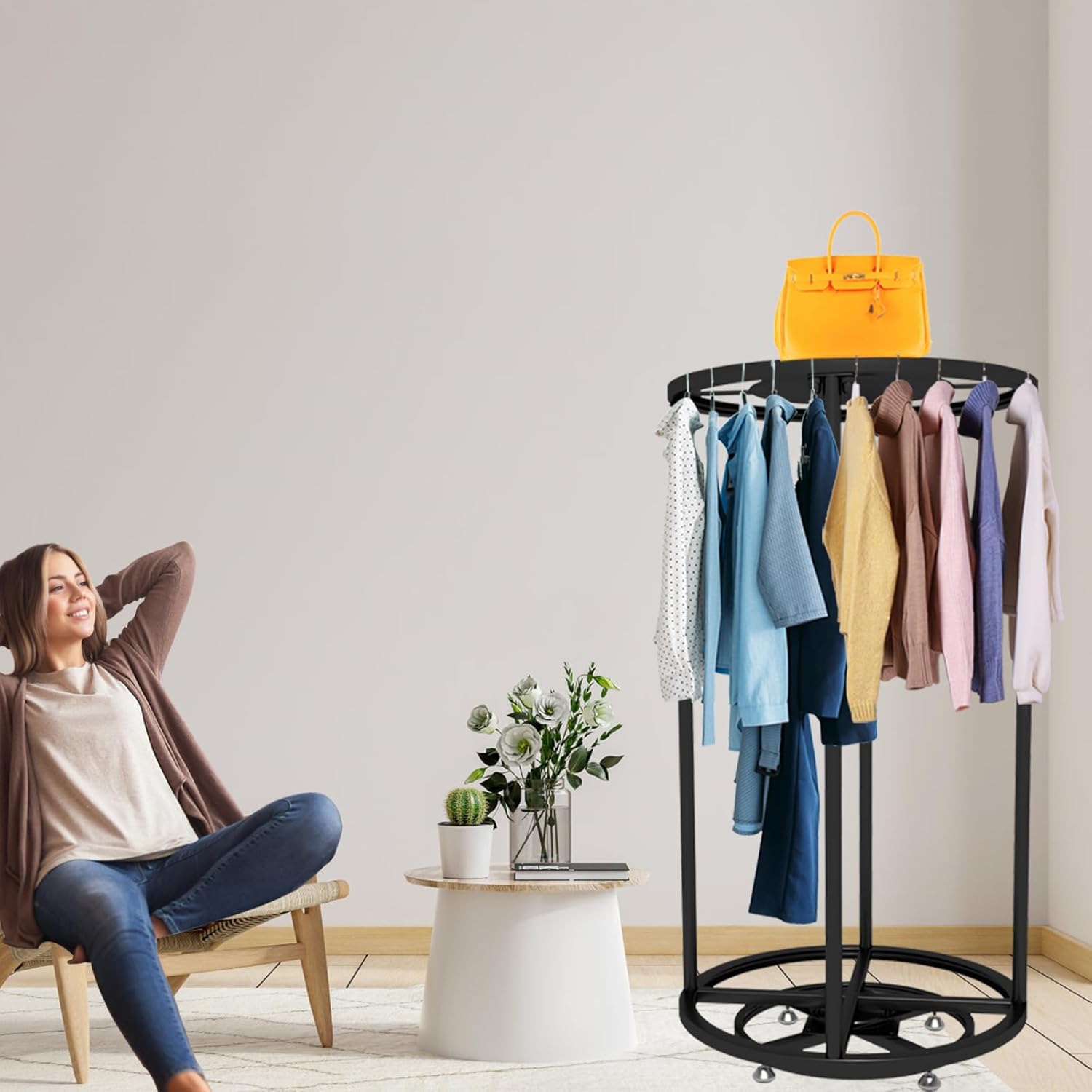 Rotatable Round Garment Display Rack, Floor-Standing Double Space Multi-Purpose Metal Shelf for Clothes Storage, Commercial Clothing Organizer in Retail Boutiques (Black, 27.6'x 51.2')