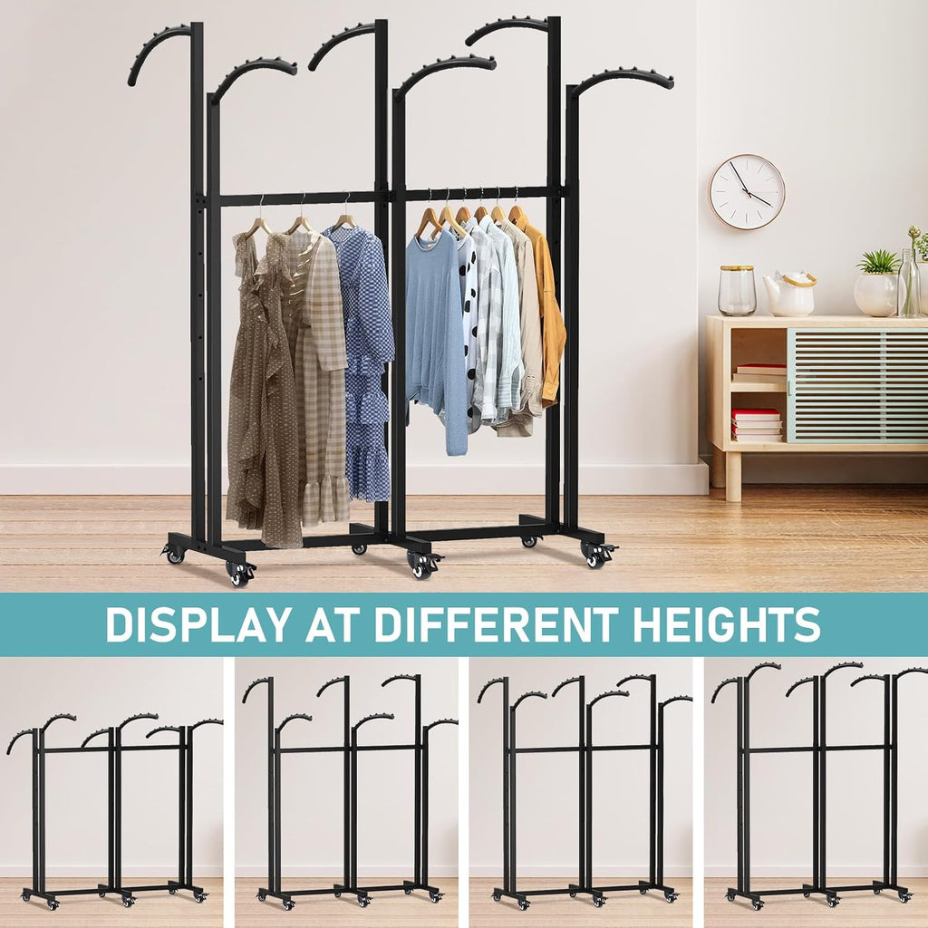 Floor Standing Metal Garment Rack, 6 Arms Clothing Display Rack with Wheels, Heavy Duty 48'' to 67'' Adjustable Height Rolling Retail Clothes Shirt for Hanging Clothes, Black