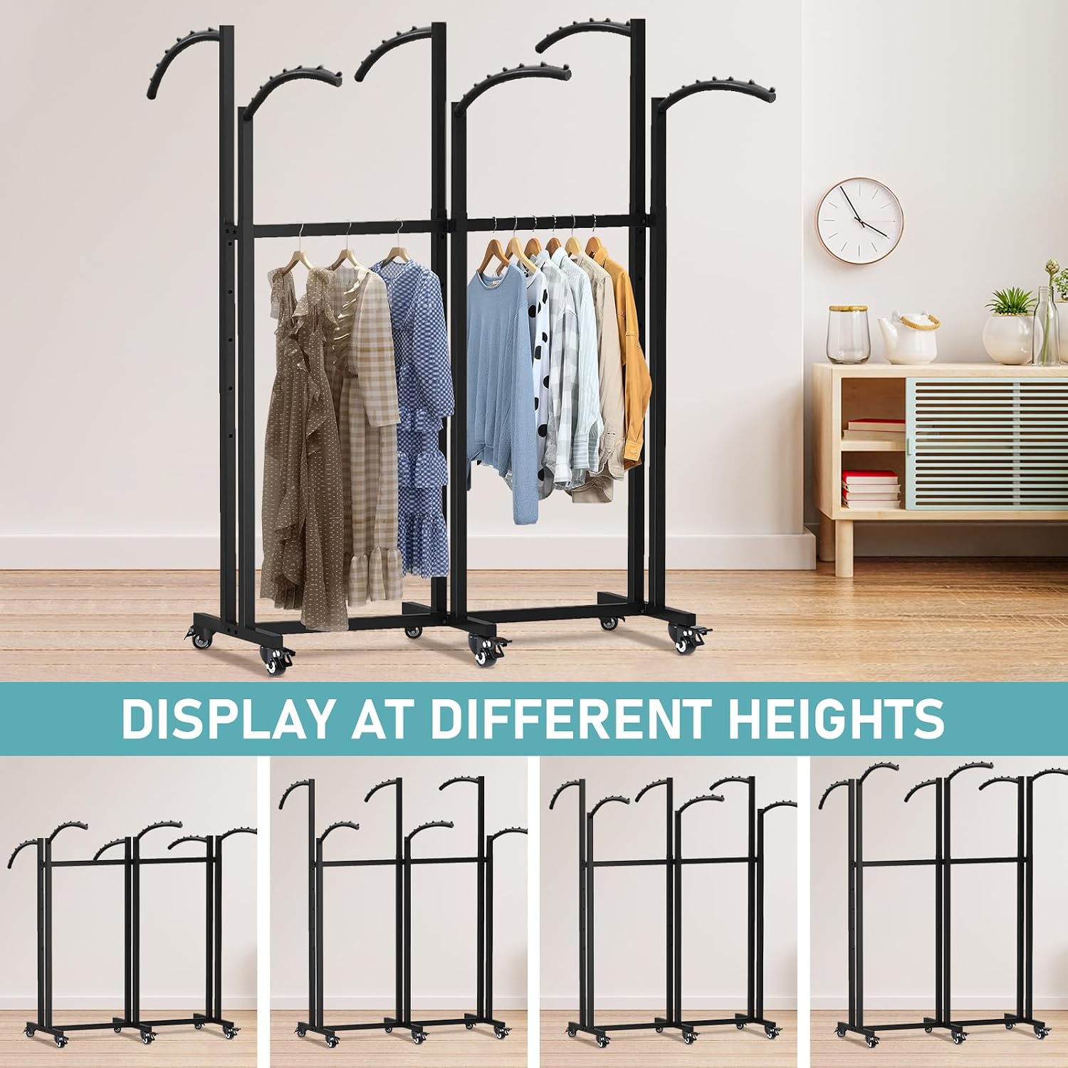 Floor Standing Metal Garment Rack, 6 Arms Clothing Display Rack with Wheels, Heavy Duty 48'' to 67'' Adjustable Height Rolling Retail Clothes Shirt for Hanging Clothes, Black