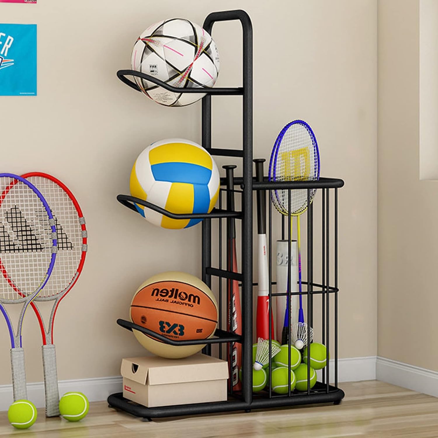 Basketball Ball Storage Rack Ball Storage Display Rack Floor Stand, Vertical Standing Metal Sport Ball Organizer Holder, Basketball Football Volleyball Storage Display
