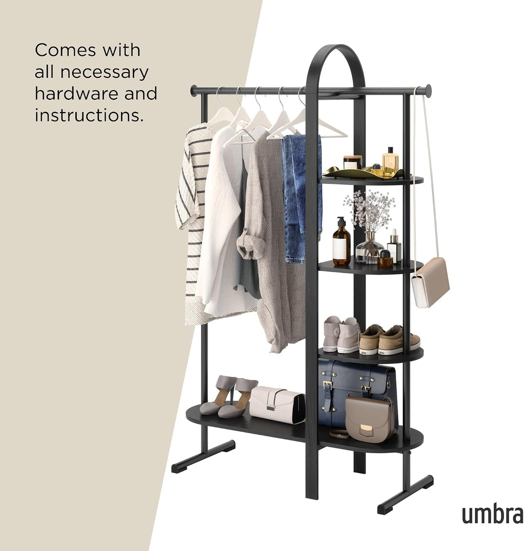 Umbra Bellwood Garment Rack Clothes Stand for Clothing, Coats, Dresses, with Shelf for Shoes and Accessories, Black