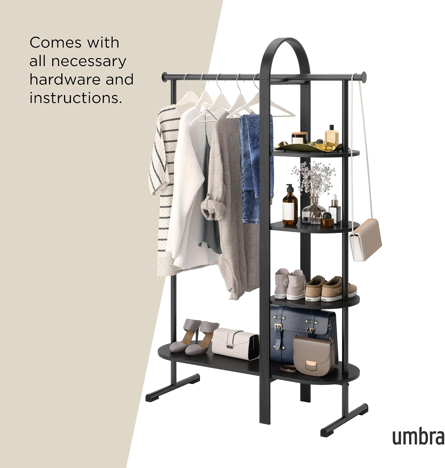 Umbra Bellwood Garment Rack Clothes Stand for Clothing, Coats, Dresses, with Shelf for Shoes and Accessories, Black