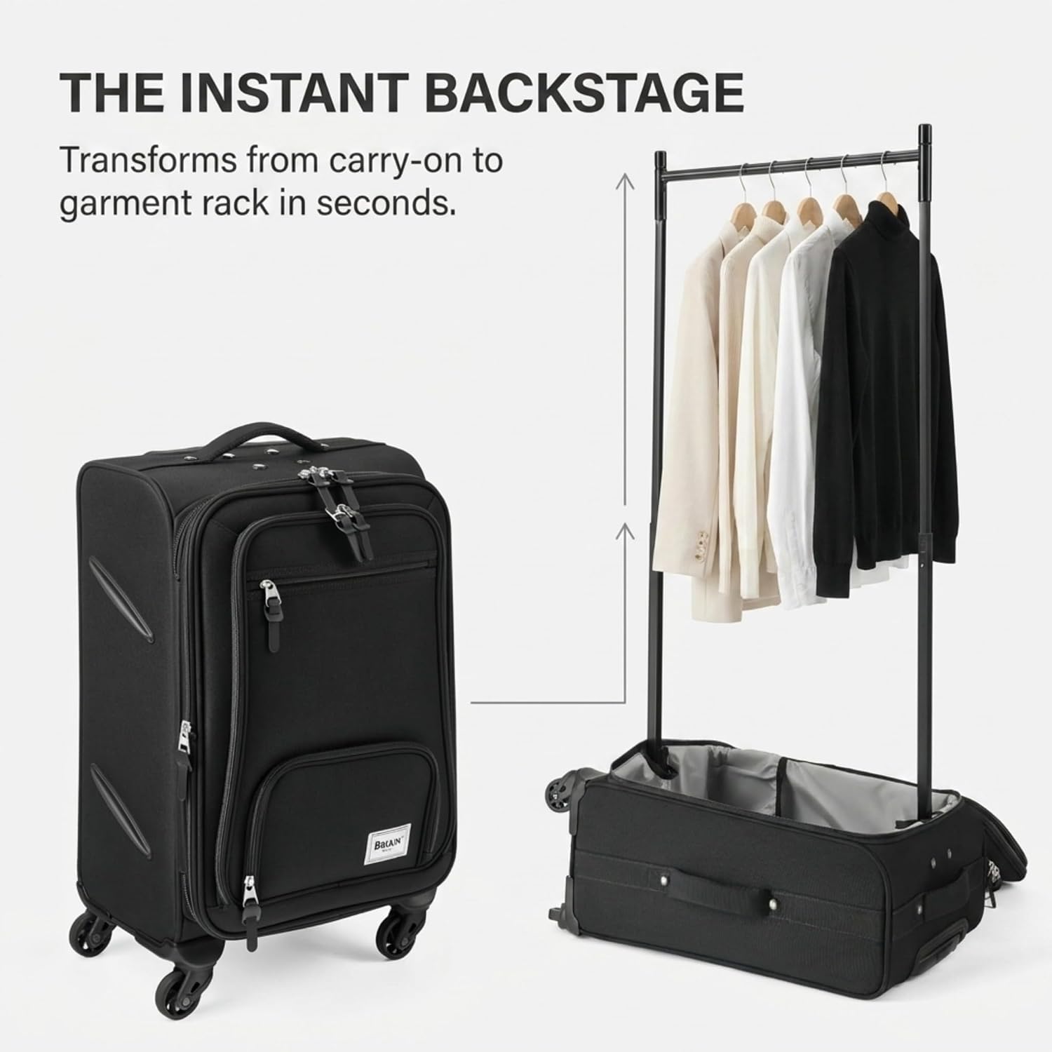BRÜUN Dance Bag with Garment Rack – Dance Competition Carry-On Black Rolling Trolley Carrier with 360° Spinner Wheels for Travel Luggage Closet Suitcase – Designed for Men, Women