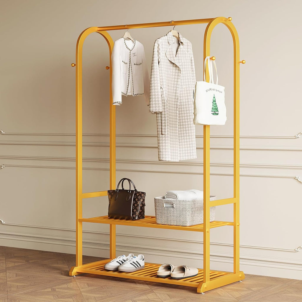 Gold Clothing Rack for Hanging Clothes,Sturdy metal clothes rack,Modern Garment Rack with Bottom Storage Shelves and 6 Side Hooks, Freestanding Wardrobe Rack for Bedroom or Closet