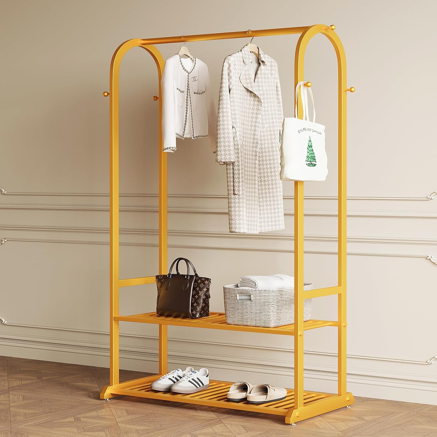 Gold Clothing Rack for Hanging Clothes,Sturdy metal clothes rack,Modern Garment Rack with Bottom Storage Shelves and 6 Side Hooks, Freestanding Wardrobe Rack for Bedroom or Closet