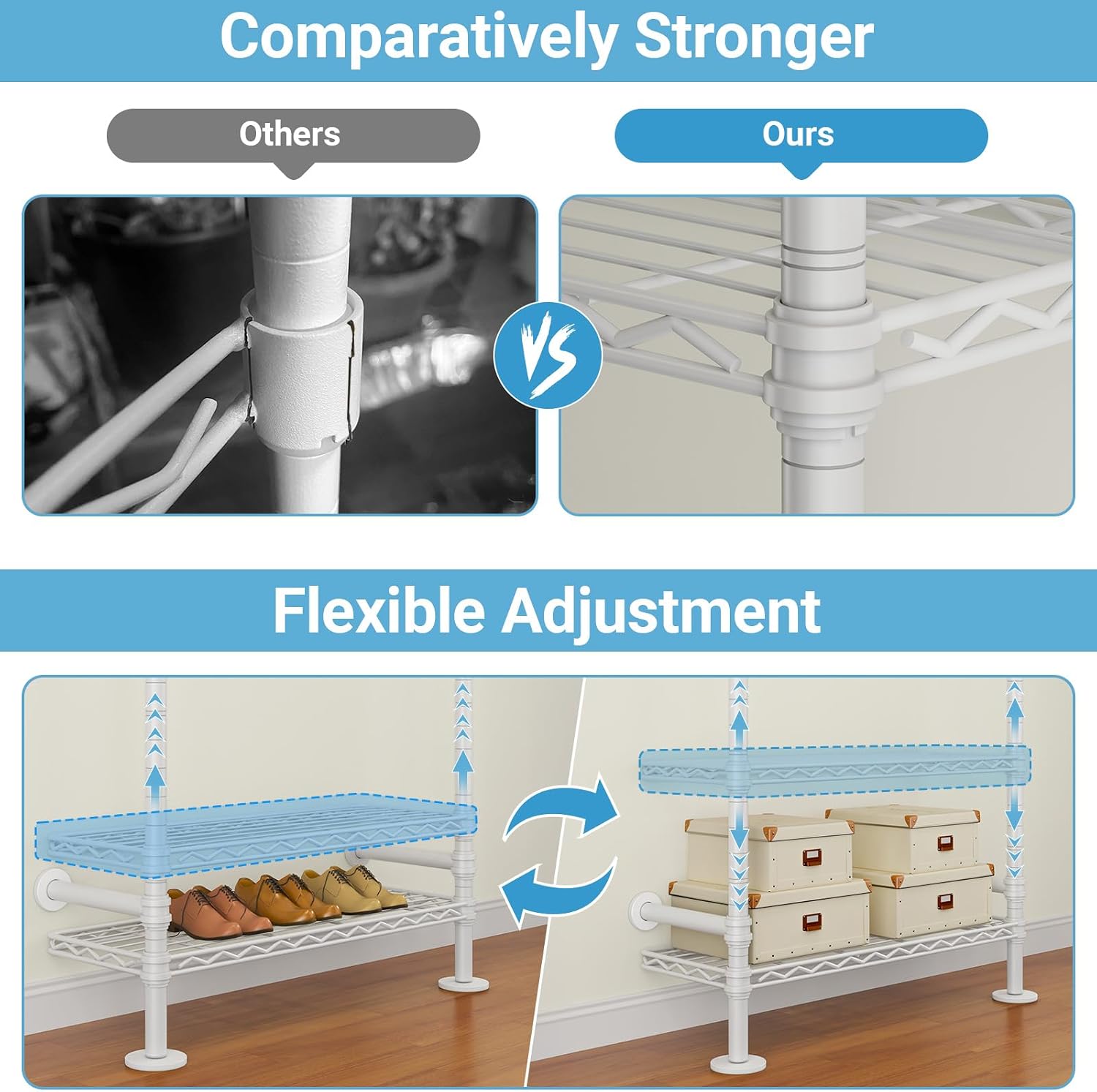 Timate X3i Garment Rack for Hanging Clothes Load 980lbs, Expandable Wall Mounted Closet System with Baskets Industrial Pipe Heavy Duty Clothes Rack Walk in Closet, Adjustable from 5'10' to 8'3', White
