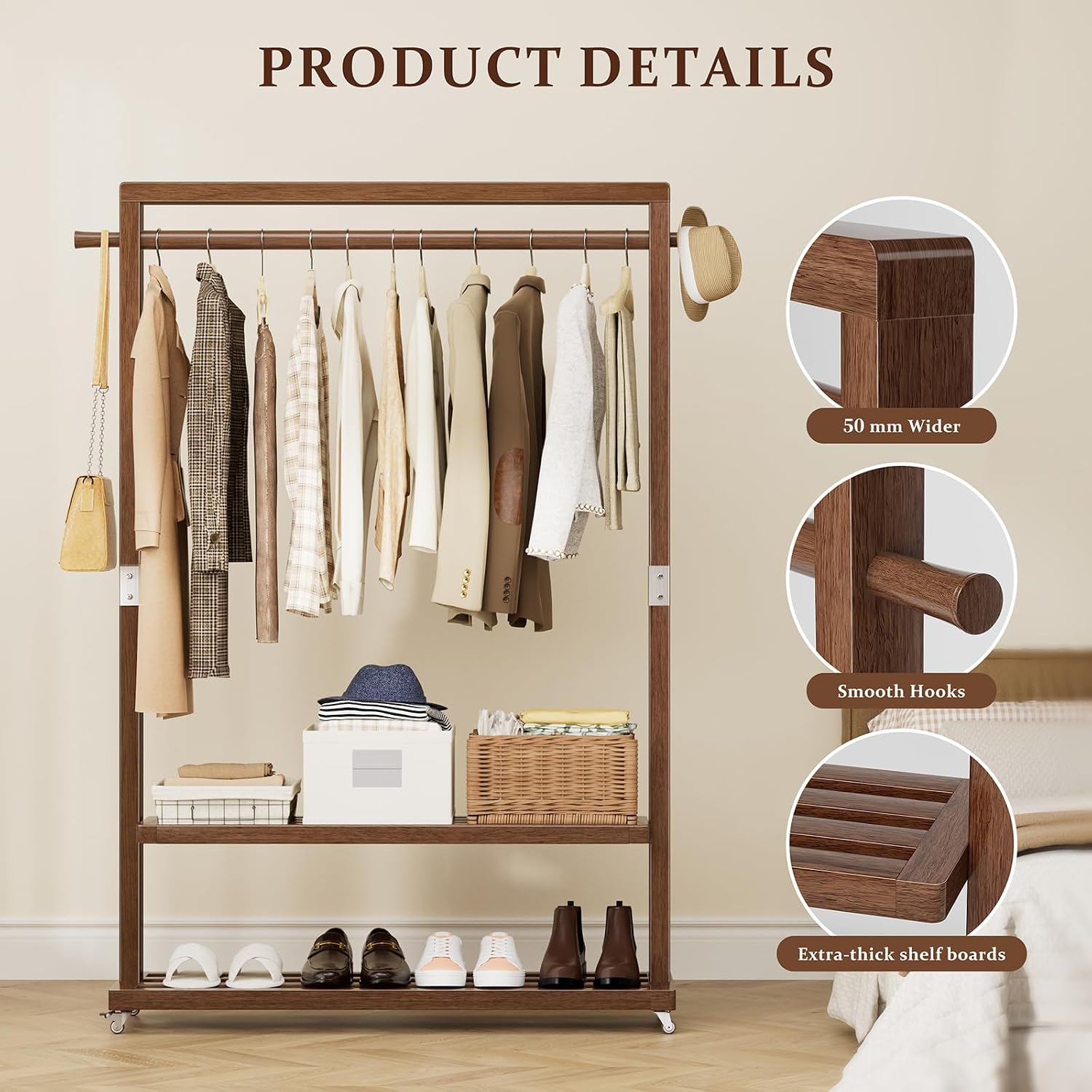 Solid Wood Clothes Rack with Wheels | 3-in-1 Freestanding Garment Rack & Coat Tree, Extra-Long Rod, Two Shelves, 220 lb Load | Organizer for Bedroom & Entryway