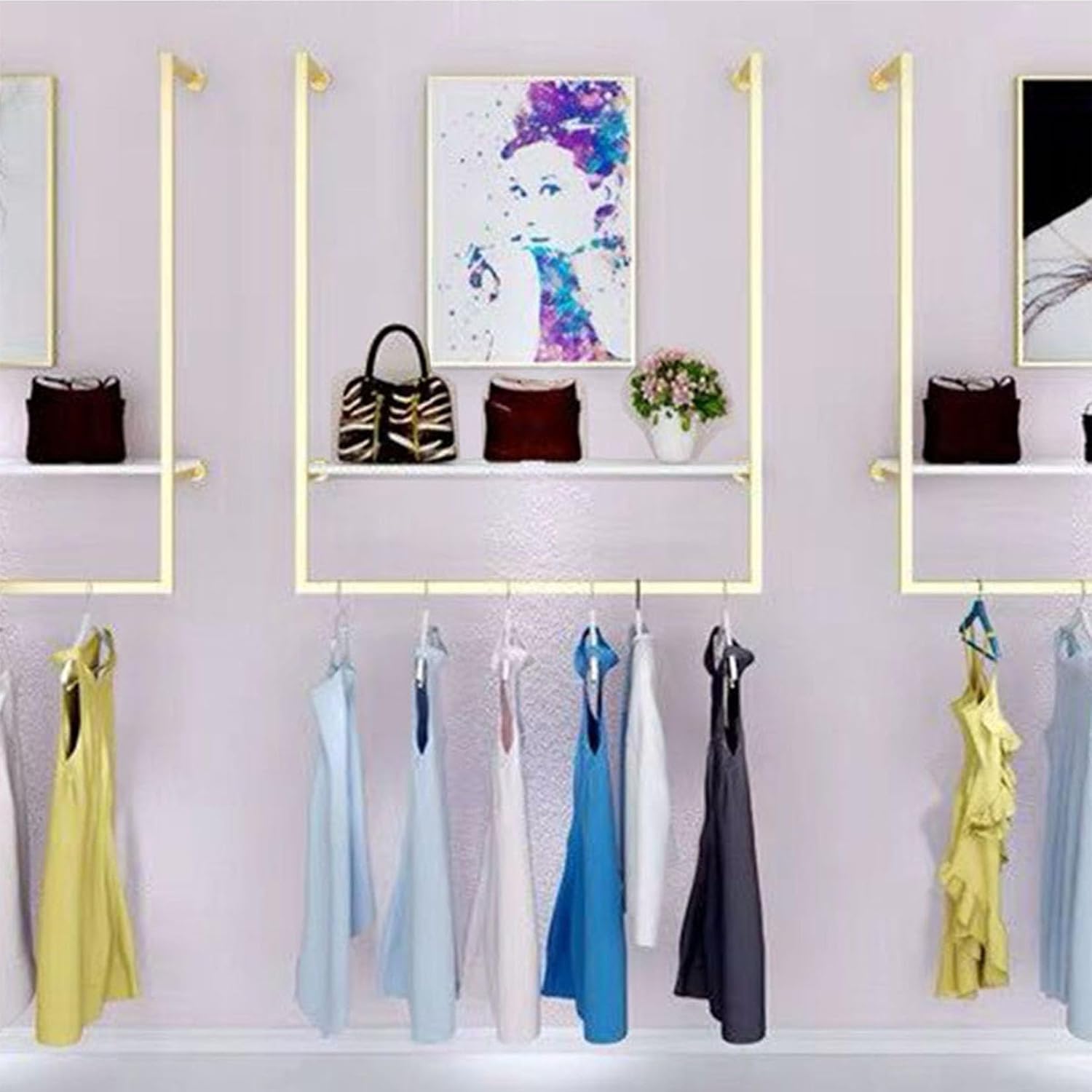 Clothing Store Square Tube Metal Display Stands, Entrance Porch Organization Hanging Garment Rack,Wall Mounted Storage Clothes Shoe Bag Pipe Shelf Bookshelf (Gold, 39' L)