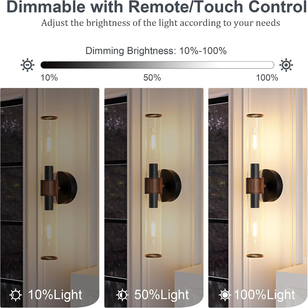 Morauroral Black Walnut Battery Operated Wall Sconces Set of 2, Rechargeable Wall Lights with Remote, 20 Inch Modern Wireless Sconces Wall Lighting for Bedroom, Living Room,TV with Glass Shade