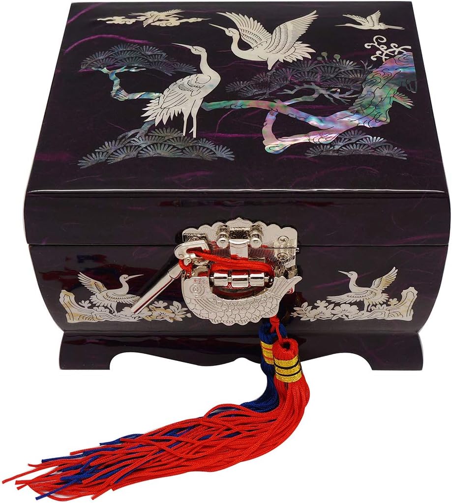 Mother of Pearl Music Bird Design Purple Wooden Women Jewelry Mirror Trinket Keepsake Treasure Gift Musical Asian Lacquer Watch Ring Box Case Chest Organizer with Crane and Pine Tree