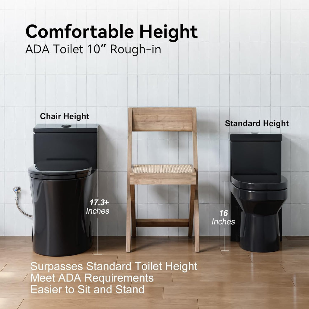 HOROW T0338WB Elongated One Piece Toilet 10' Rough-in, Matte Black Toilet with Comfortable 17.3' ADA Chair Height Seat, Powerful Dual Flush Modern Toilet for Bathroom