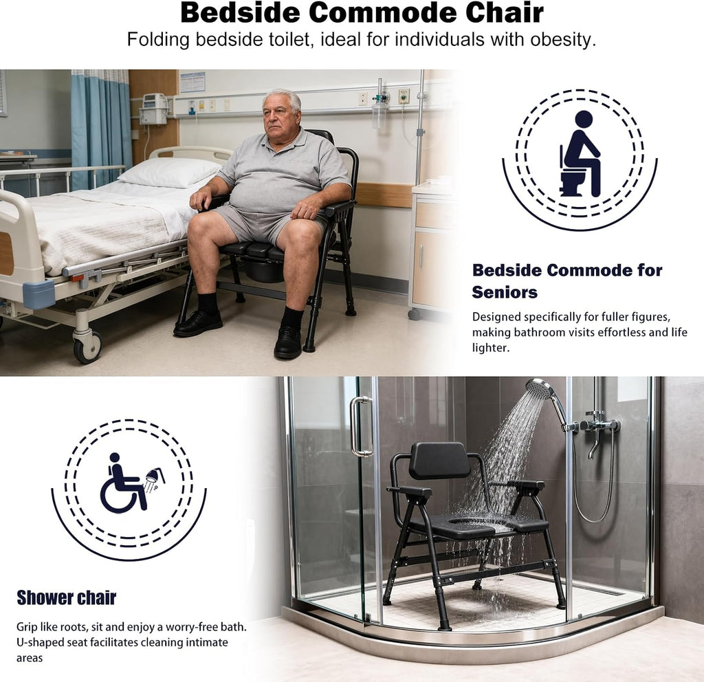 Heavy-Duty Large Bone Bedside Commode, 800lbs Weight Capacity & Extra-Wide Padded Seat, Adjustable Height Folding Toilet Chair for Seniors,Disabled, Patient Home Care(Black)