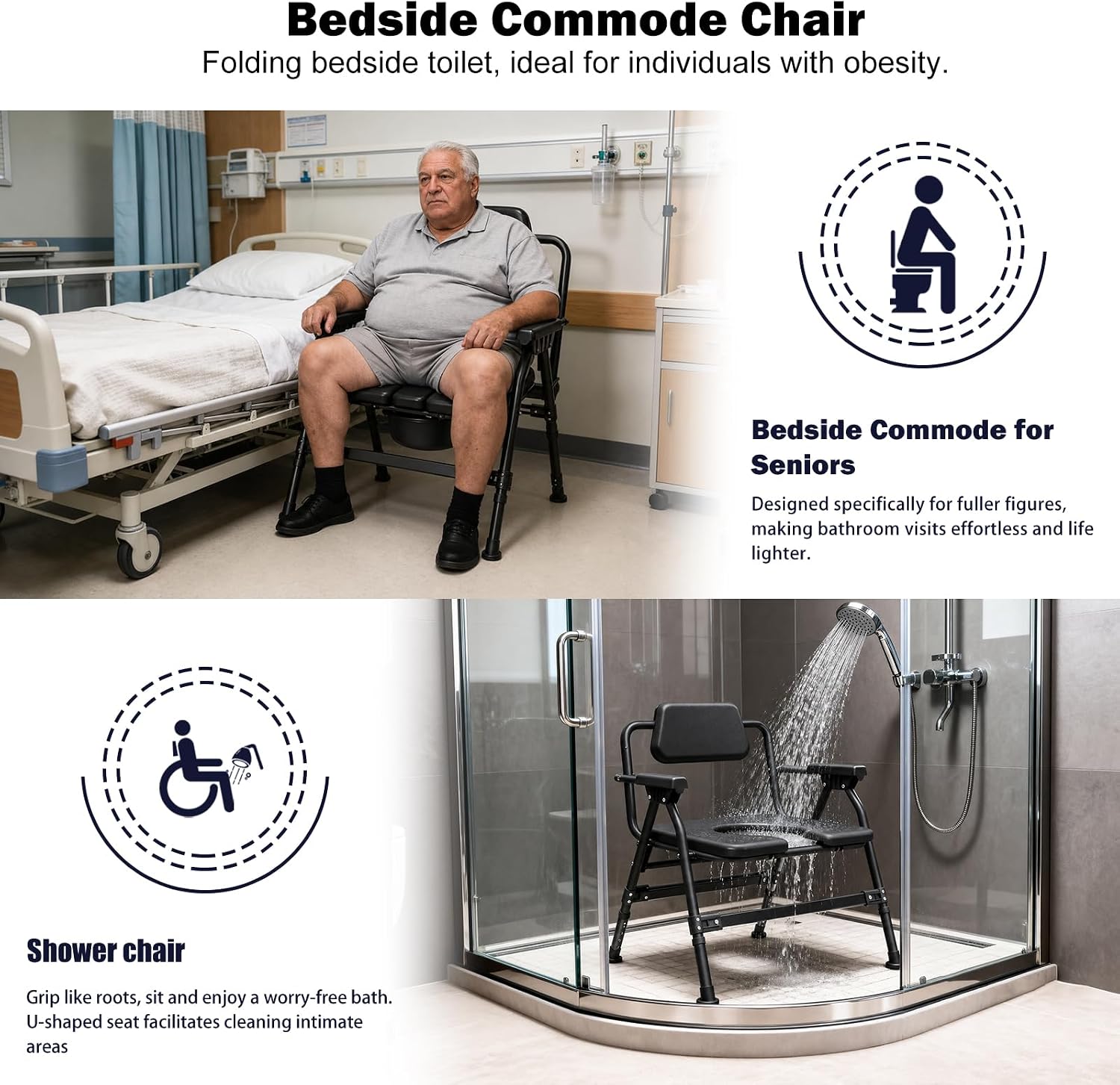 Heavy-Duty Large Bone Bedside Commode, 800lbs Weight Capacity & Extra-Wide Padded Seat, Adjustable Height Folding Toilet Chair for Seniors,Disabled, Patient Home Care(Black)