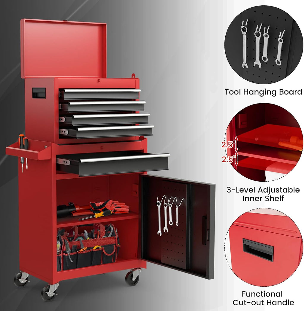IRONMAX 5-Drawer Rolling Tool Chest, 2-in-1 Detachable Heavy Duty Tool Box Storage Cabinet with Auto Lock, Adjustable Shelf & Hooks, Metal Toolbox on Wheels for Garage Workshop (Black & Red)