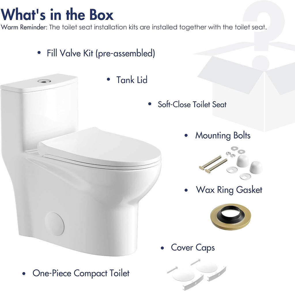 Eridanus One Piece Toilet, Elongated with Soft Closing Seat, Small Compact Toilet with 16⅜' Height Seat, Powerful & Quiet Dual Flush (1.1/1.6 GPF), 12' Rough-In