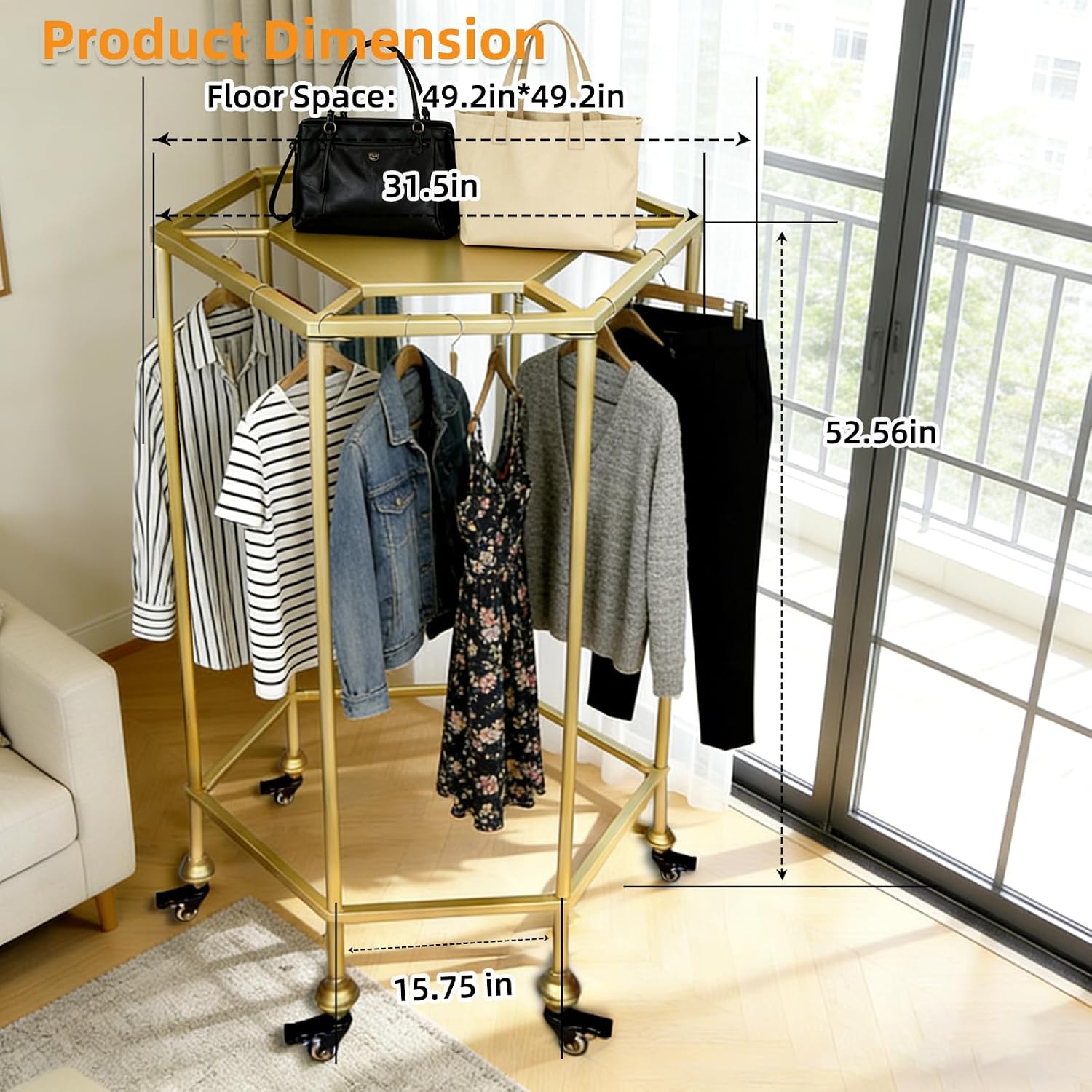 31.5-Inch Rolling Round Garment Rack with Shelf & Wheels,50'x50' Footprint,330lbs Load Heavy Duty Round Clothing Rack for Home & Retail Display, Gold