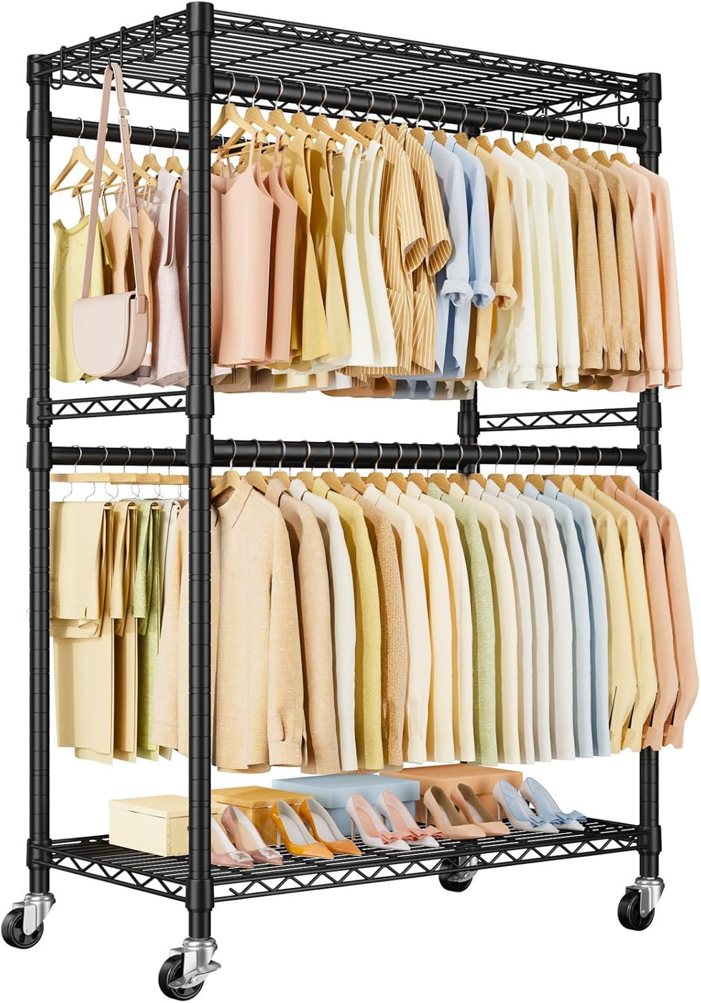 ULIFHOME P4 Plus Rolling Clothes Rack Heavy Duty, Clothing Racks for Hanging Clothes, Free Standing Garment Racks with Wheels, Portable Closet Rack 45''W × 20.5''D × 80.5''H, Max Load 570 Lbs, Black