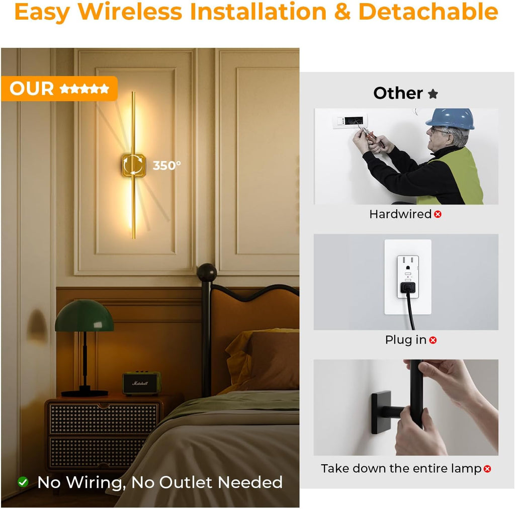 GvvooHome Battery Operated Wall Sconce Detachable 360°Rotate, Wireless Wall Lamp 3000-6500K Dimmable, 10000mAh Rechargeable Wall Light for Bedroom, Living Room，28.3' Black Gold 4 Pack