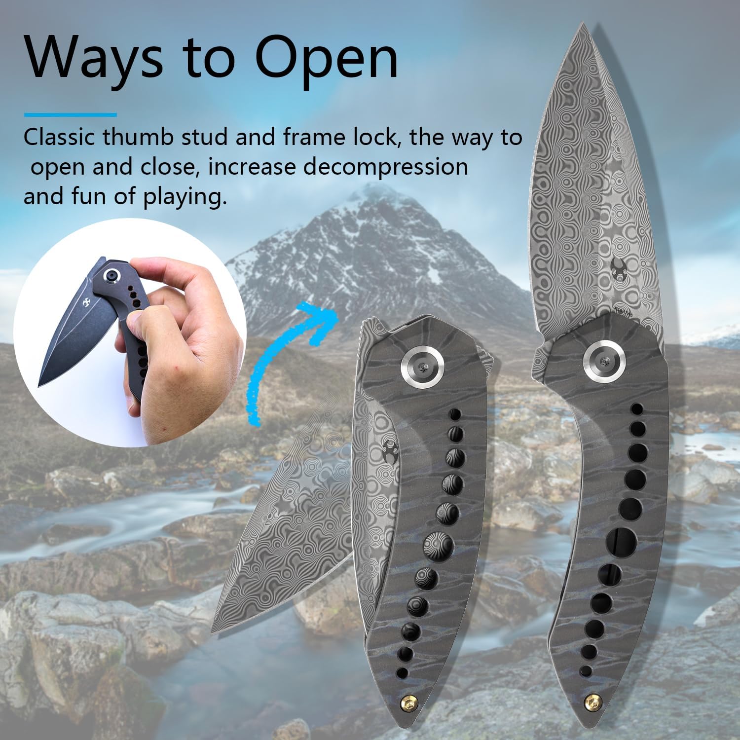 KANSEPT ODD 21 Pocket Folding Knives for Camping Hiking Folding Knife 3.06'' Damascus Blade EDC Knife with Titanium with Tiger Stripe Finish Handle for Men and Women Everyday Carry K1077A5