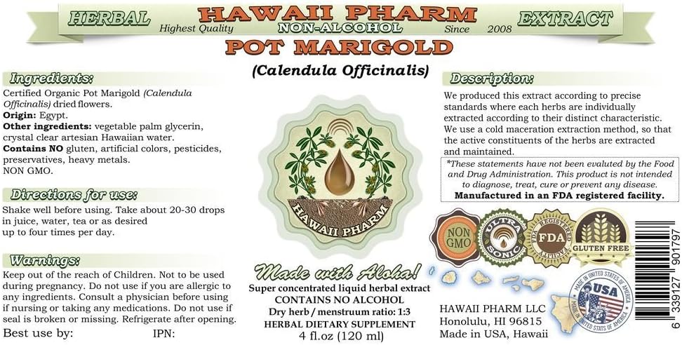 Hawaii Pharm Pot Marigold Alcohol-Free Liquid Extract, Pot Marigold (Calendula Officinalis) Dried Flower Glycerite Natural Herbal Supplement 64 fl.oz