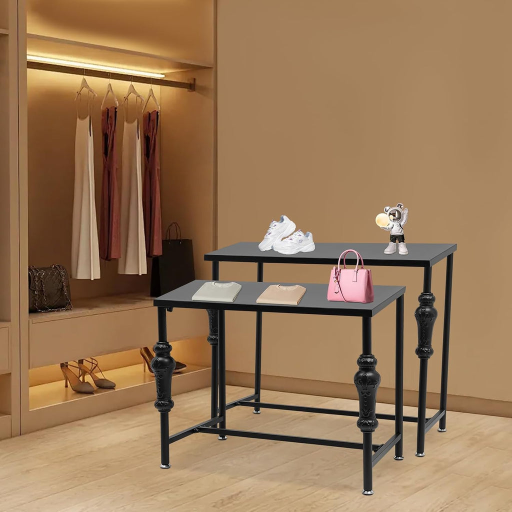 Standing Clothing Shoes Display Rack, 2 Tier Retro Unit Storage Shelves，Metal Handbag Display Stand, Industrial Retail Display Tables with Adjustable Feet, for Retail & Clothing Stores