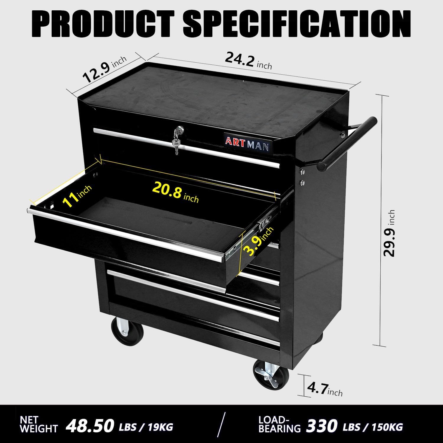 5-Drawer Tool Cart on Wheels, Drawers Rolling Tool Chest with Key Lock, Mobile Trolley Organizer Tools Box with Locking Wheels & Ball Bearing Drawers for Garage,Repair Shop,Warehouse (Black)