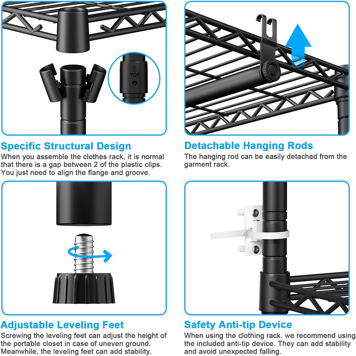 Ulif E10 Clothes Rack（With Stretchable Hanger Rod）Freestanding Clothing Racks for Hanging Clothes，Adjustable Closet Organizer System，Portable Garment Rack 73-97'W x 15' D x 72' H，Max Load 800LBS，Black