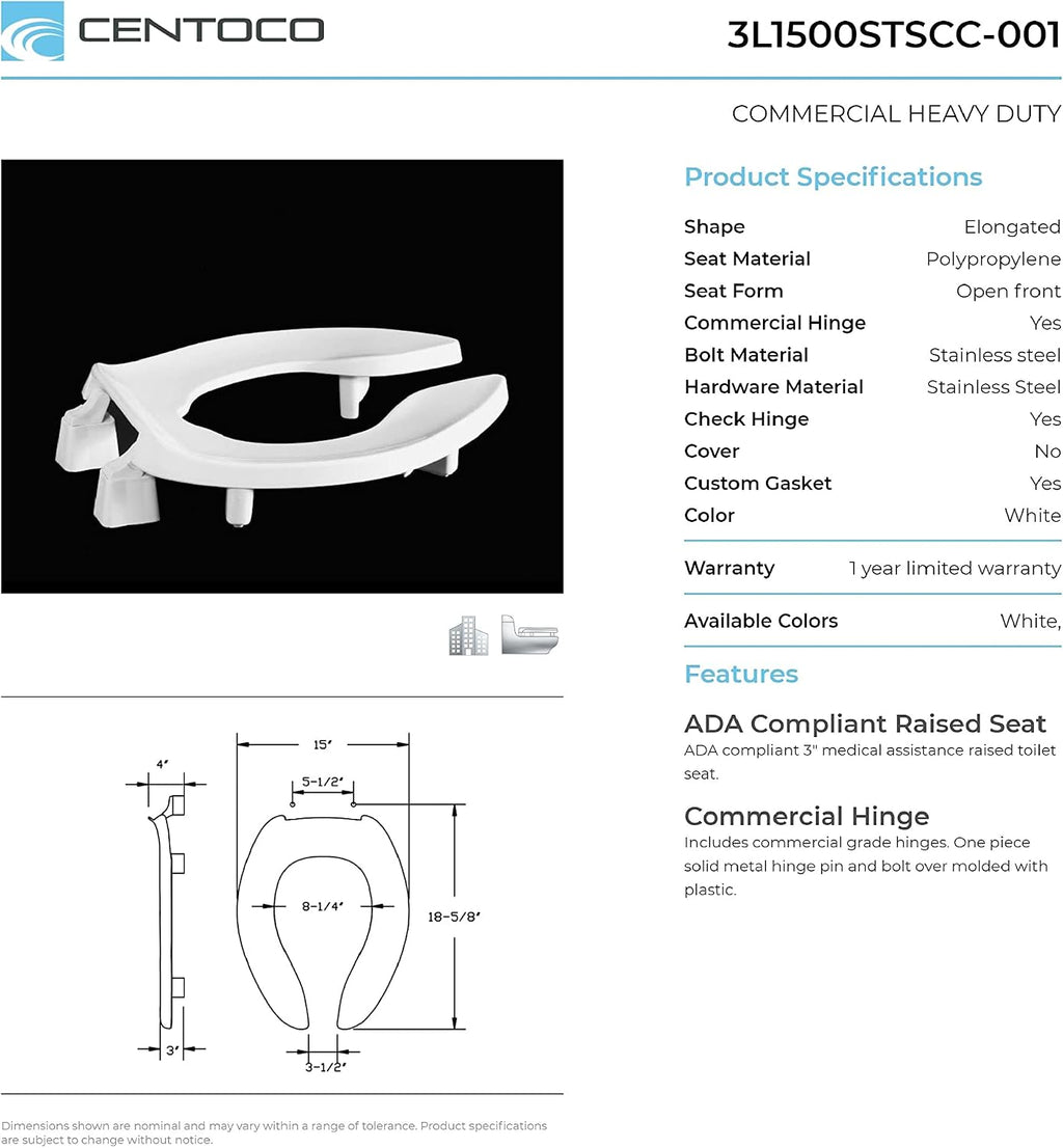 Centoco 3 inch Raised Toilet Seat for Seniors, Elongated, Open Front No Cover, Plastic, Made in the USA, 3L1500STSCC-001, White