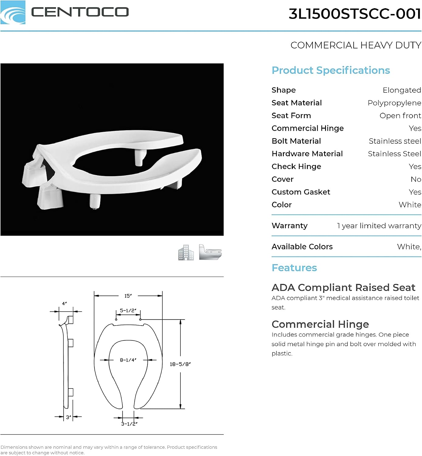 Centoco 3 inch Raised Toilet Seat for Seniors, Elongated, Open Front No Cover, Plastic, Made in the USA, 3L1500STSCC-001, White
