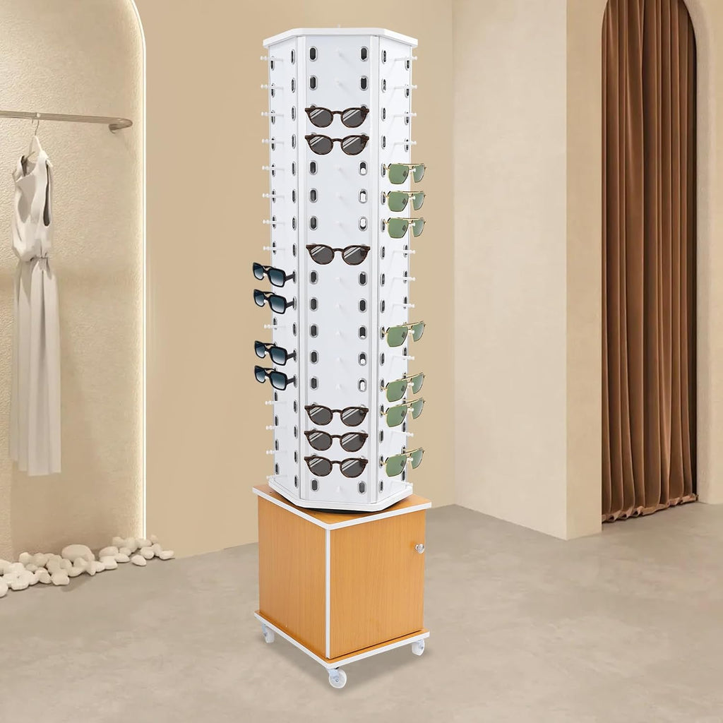 102 Pairs Rotating Glasses Display Stand, Eyewear Storage Organizer with Cabinet & Wheels, Commercial Sunglasses Display Rack, Optical Shop Glasses Holder (White+Yellow)