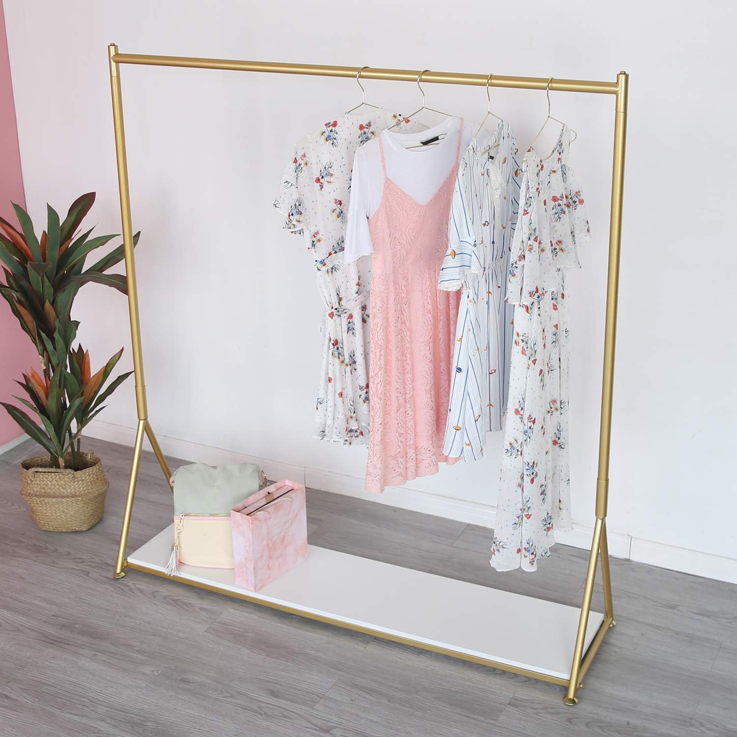 HOMEKAYT Gold Clothing Rack with Shelf Heavy Duty Gold Garment Rack Gold Glothes Rack Modern Display Rack for Home, Boutique,Retail - 59''L