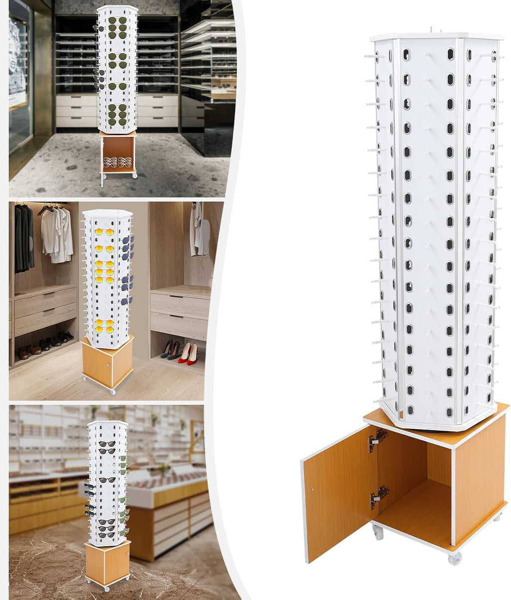 102 Pairs Rotating Glasses Display Stand, Eyewear Storage Organizer with Cabinet & Wheels, Commercial Sunglasses Display Rack, Optical Shop Glasses Holder (White+Yellow)