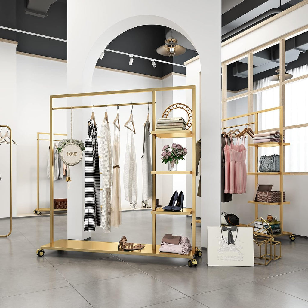 Gold Clothing Racks with Shelf, Boutiques Retail Display Gold Clothes Rack, Multiple Uses Heavy Duty Garment Rack for Hanging Rods for Home and Retail