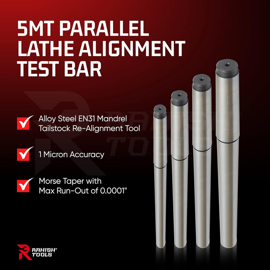 5MT Parallel Lathe Alignment Test Bar with High Precision Bar Alloy Steel EN31 Mandrel - Tailstock Re-Alignment Tool with 1 Micron Accuracy & Morse Taper with Max Run-Out of 0.0001'