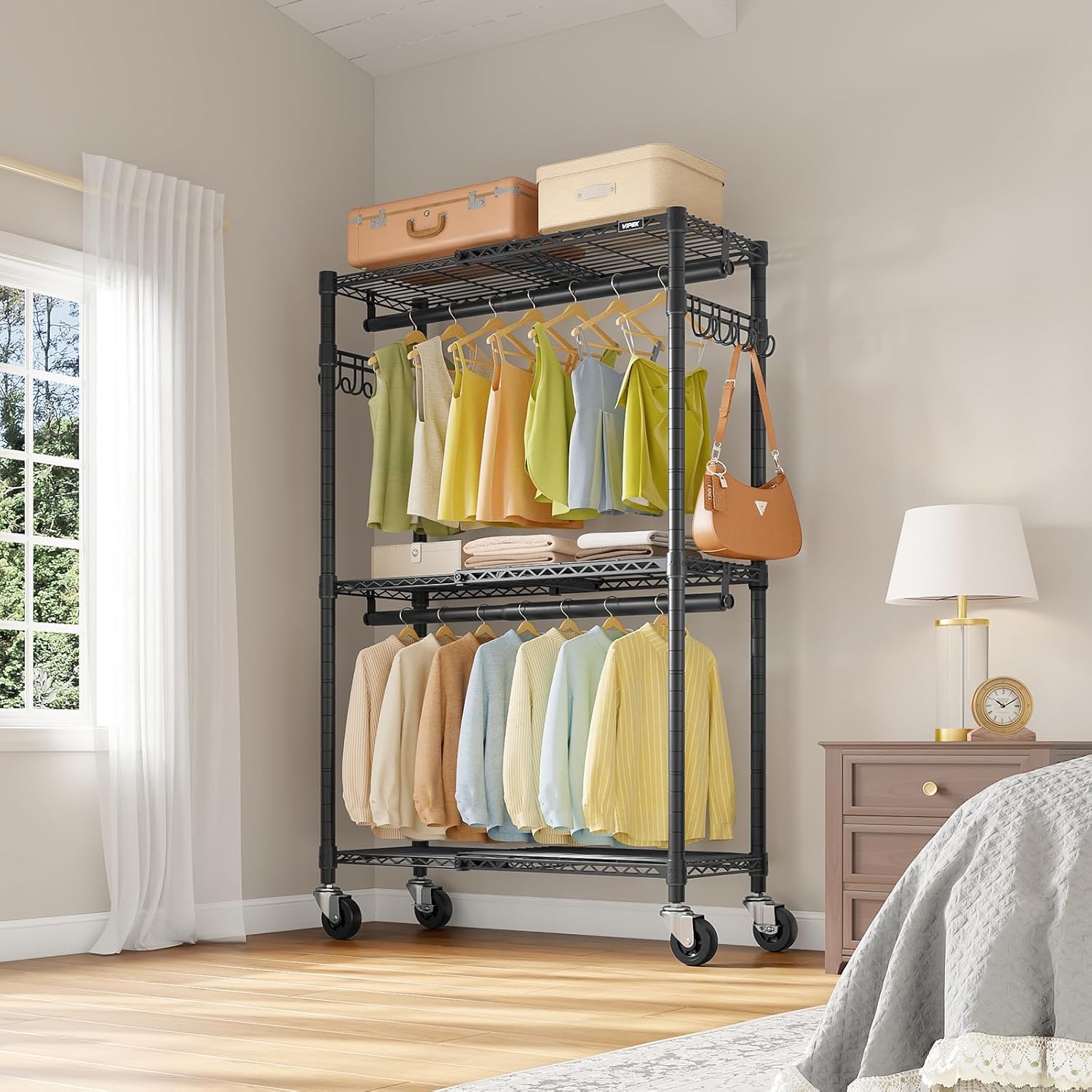 VIPEK R2X Expandable Portable Closet with Lockable Wheels, 600lbs Capacity Heavy Duty Rolling Clothes Rack w/Adjustable Shelves & Hanger Rod (2' to 3'5'), Metal Clothing Rack for Small Spaces (Black)