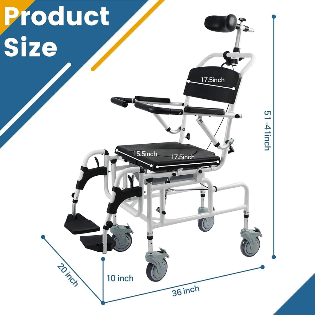 Eosprim Reclining Shower Chair with Wheels, Shower Wheelchair for Elderly and Disabled, Rolling Shower Chair with Commode, Bariatric Bathroom Wheelchair for Shower Use