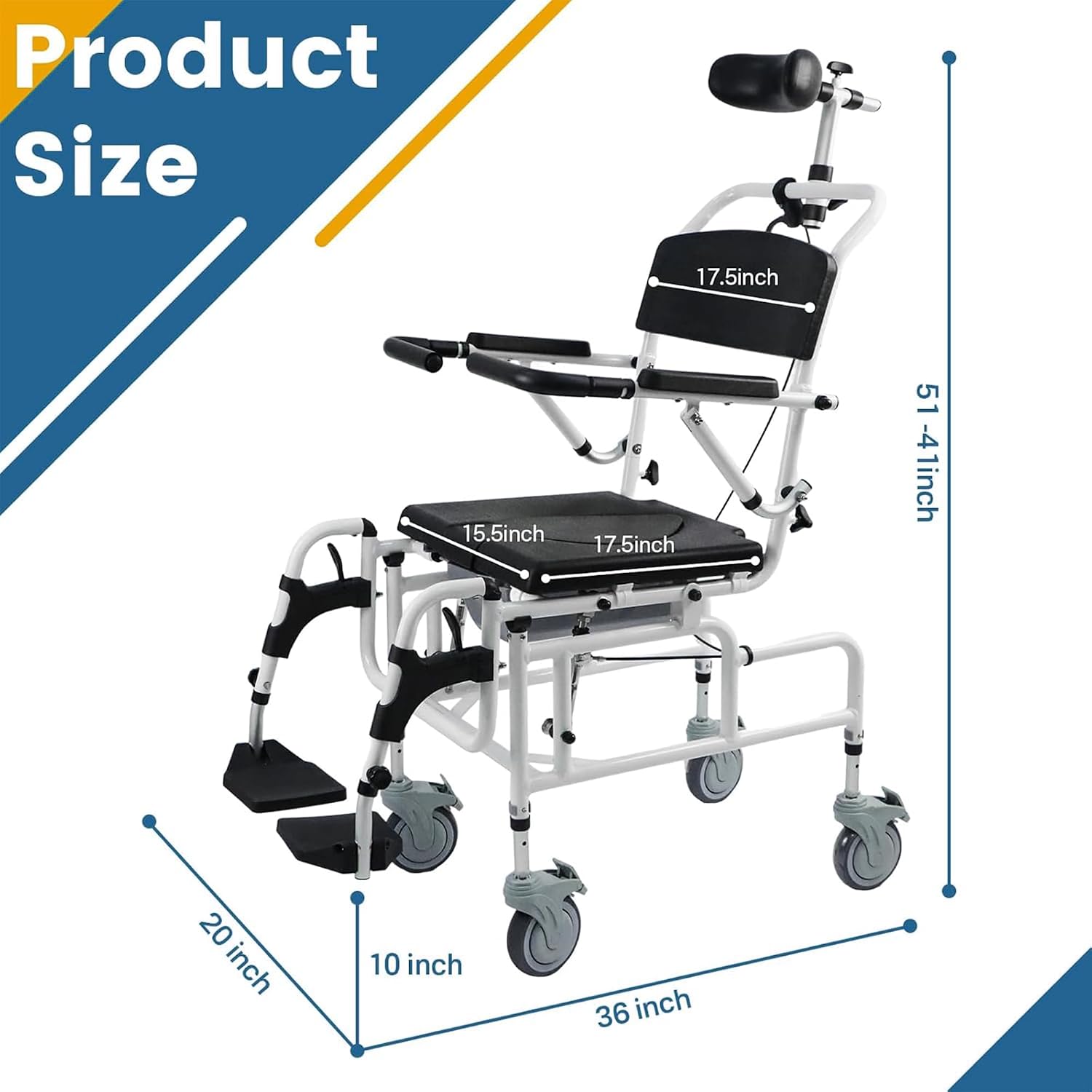 Eosprim Reclining Shower Chair with Wheels, Shower Wheelchair for Elderly and Disabled, Rolling Shower Chair with Commode, Bariatric Bathroom Wheelchair for Shower Use