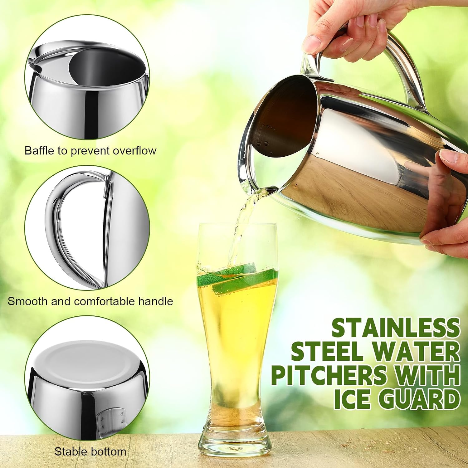 Funnymoom 6 Pcs 2 L Stainless Steel Water Pitchers with Ice Guard Smooth Silver Metal Bell Pitchers Jug Cold Beverages Carafe Serving Tool for Restaurants Home Dishwasher Safe