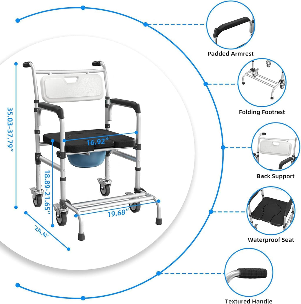 4 in 1 Rolling Bedside Commode Chair w/Wheels for Elderly, Shower Chair w/Handles for Height Raised Toilet Seat for Seniors, Disabled & Pregnant Holds Up to 350 lbs