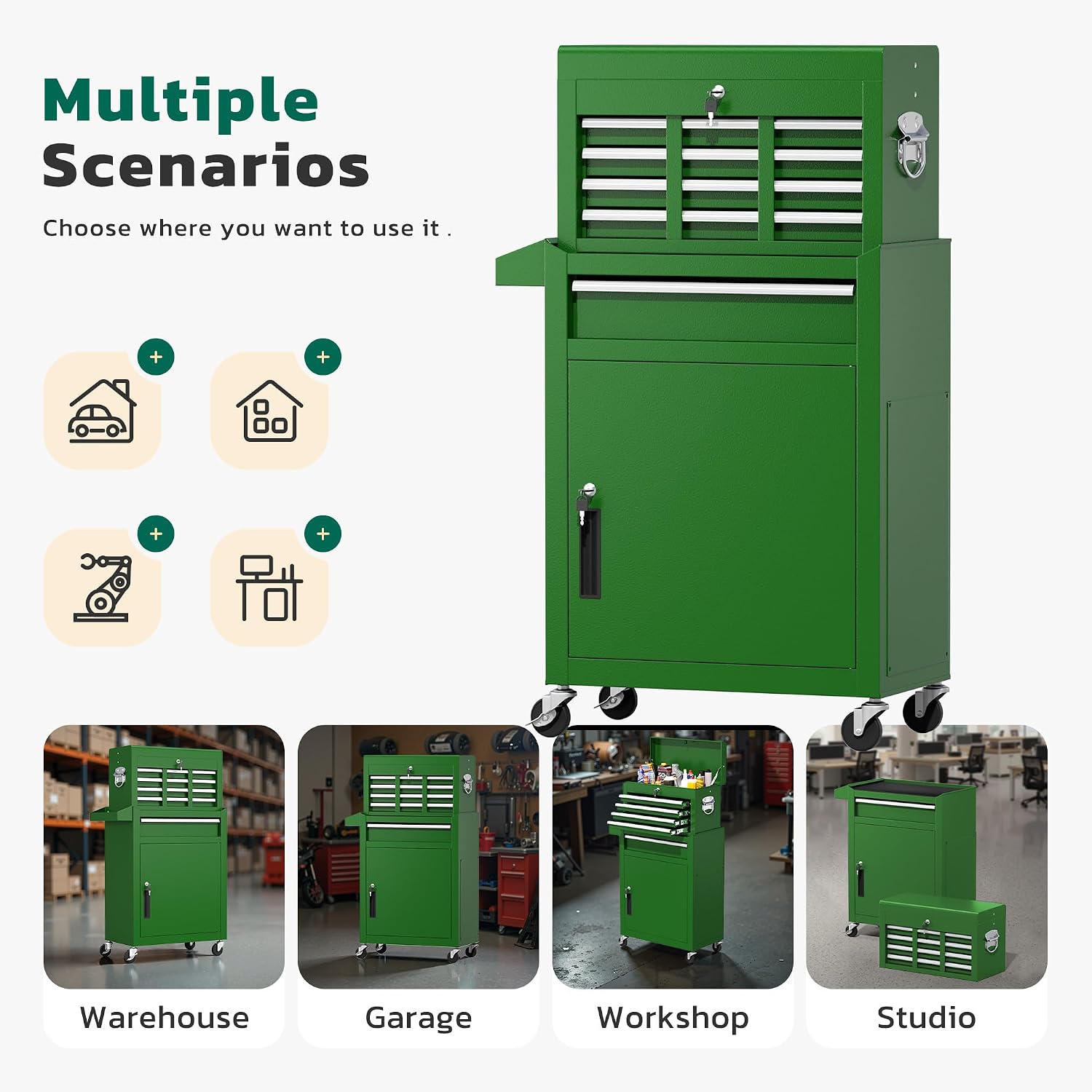 Greenvelly Tool Chest, 5-Drawer Rolling Tool Chest with Hooks and Lockable Wheels,Metal Storage Detachable Top Tool Box with Lockable Wheels for Garage,Workshop,Art Studio(Green)