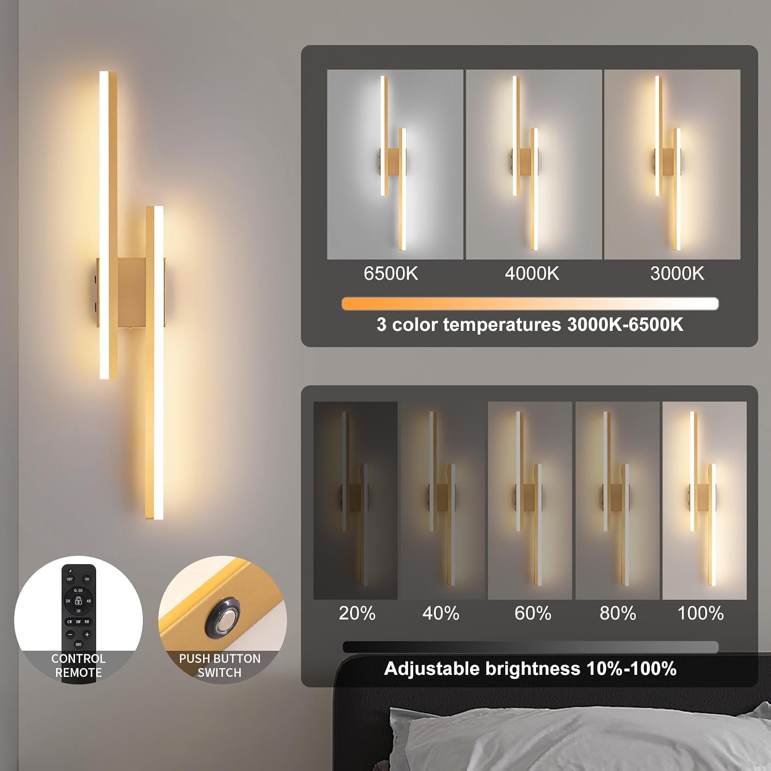 Modern Battery Operated Wall Sconce Set of Two,Gold Wall Light with Remote,Rechargeable LED Wall Lamp Indoor for Bathroom Living Room Bedroom Corridor